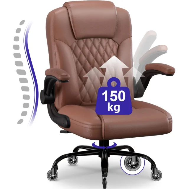 Elekiatech Ergonomische Bureaustoel - Bureaustoel - Bureaustoelen voor Volwassenen - met Verstelbare Hoofdsteun, Armleuningen en Lendensteun - 150 Kg - Bruin
