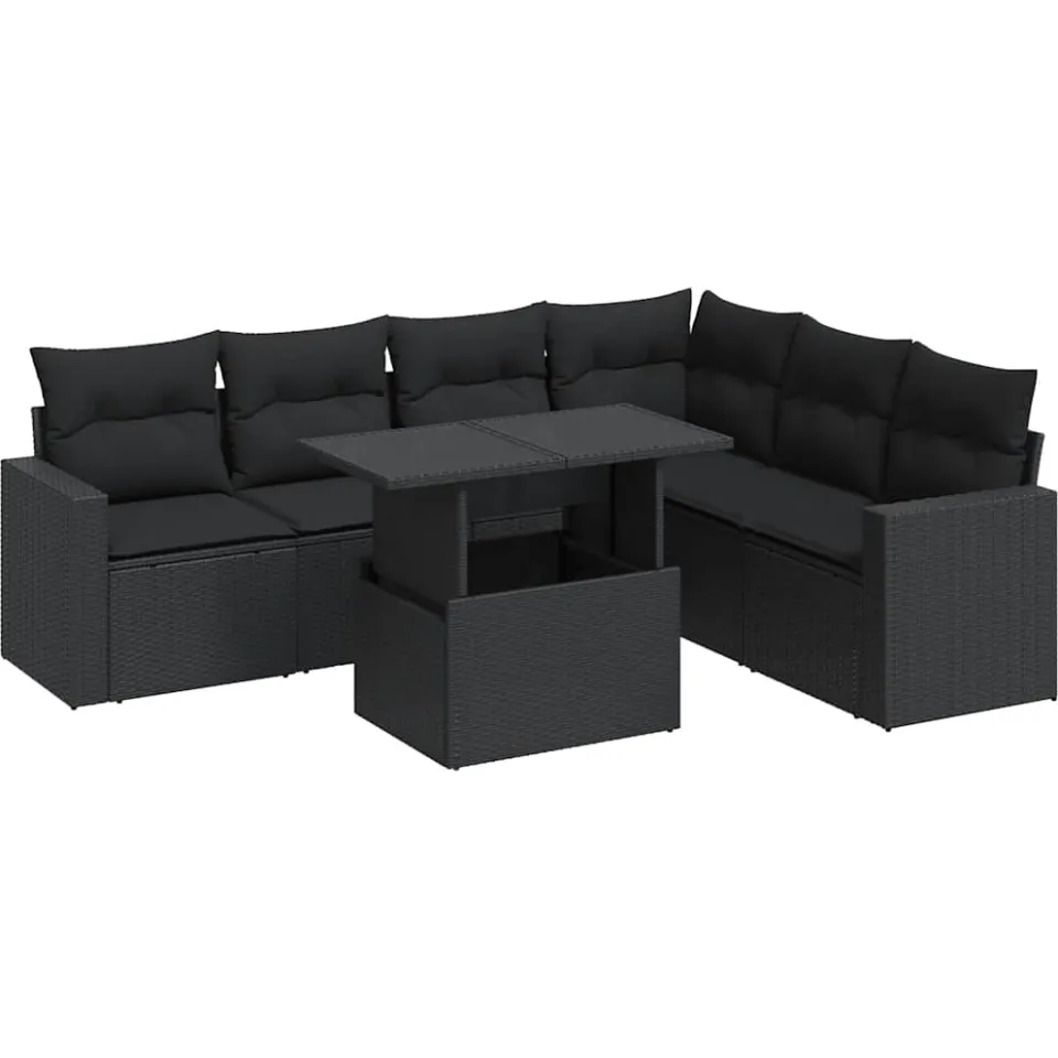 vidaXL 7-delige Loungeset met kussens poly rattan zwart, foto 3