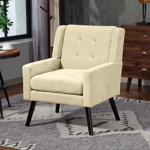 Welltin Gestoffeerde Fauteuil - massief houten poten en rugleuning, comfortabele tv-stoel, draagvermogen 130 kg, Scandinavisch design - beige