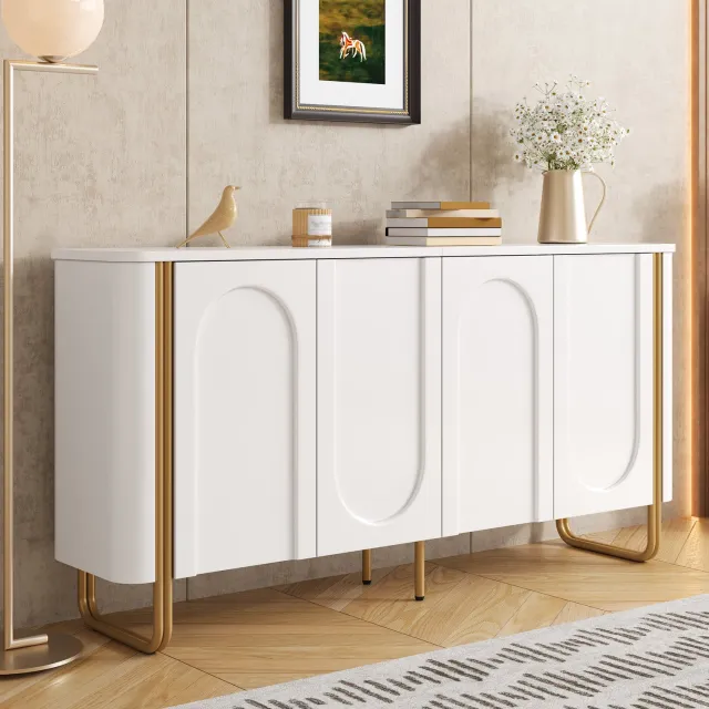 Clruro Dressoir - 160×35×80,5 cm - 4 Deuren met Boogreliëf - Push-to-Open - MDF/IJzer - Wit