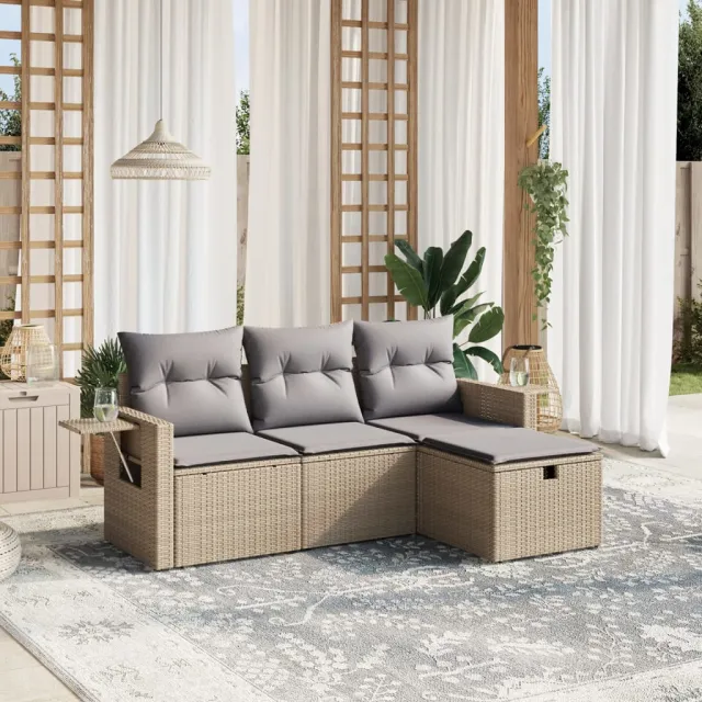vidaXL 4-delige Loungeset met kussens poly rattan gemengd beige, foto 2