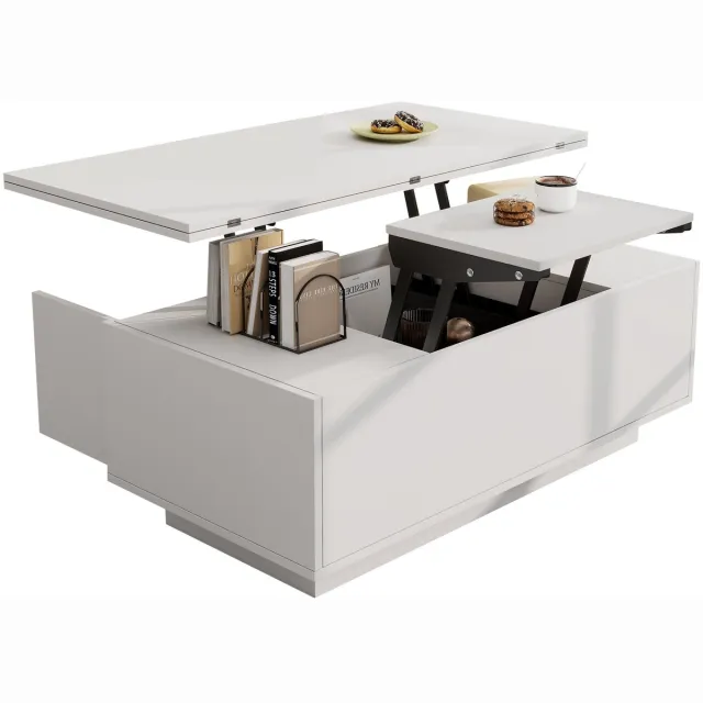Merax Salontafel 100x50 met Verstelbaar Tafelblad en Verborgen Opbergruimte – Wit