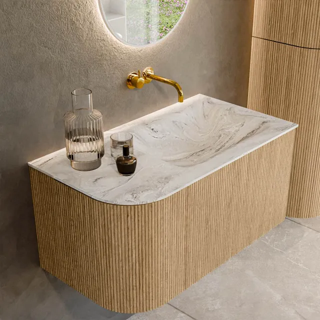Mondiaz KURVE-DLUX 85 cm Onderkast Greeploos 1 Lade Met Deuren Oak, Wastafel Solid Surface Rechts Glace 0 Kraangaten Zonder Spiegel (KRVCLO85L1L1D0KR-Oak/Gla)
