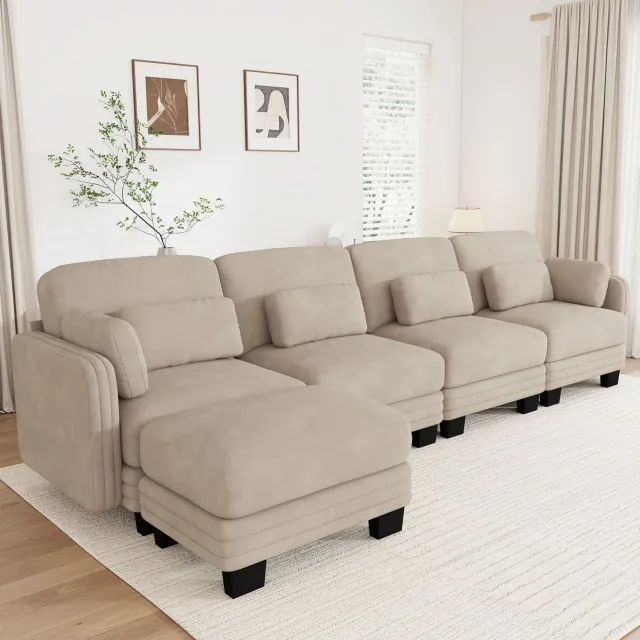 STILVORA Hoekbank 330 x 143 x 88 cm - Modulaire 4-Zitsbank met Verplaatsbare Kussens en Voetenbank - Voor de Woonkamer - Chenille - Lichtbruin