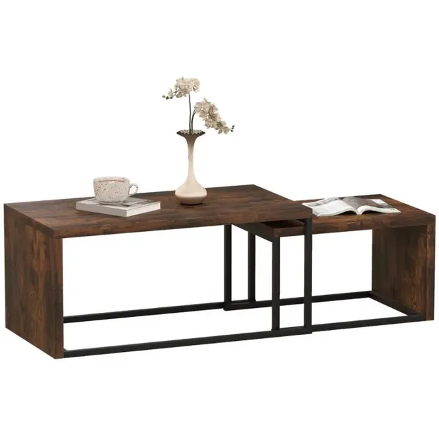 JOYNEXTBUY Salontafel Set van 2 - Industriële Nesttafels met Houtlook Blad en Stalen Frame - Voor Woonkamer - Walnoot - Houtlook
