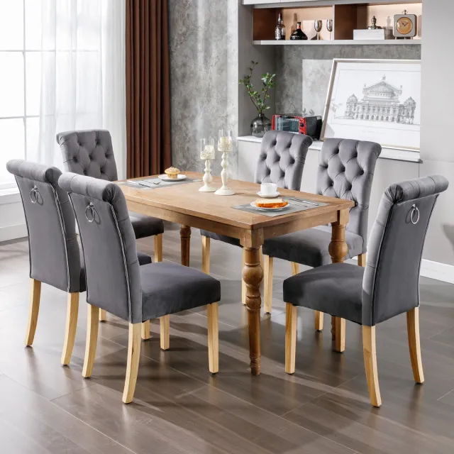 HAUSS SPOLE Eetkamerstoel Set Van 6 - Luxe Velours Stoel Met Knoopdetails En Eiken Poten - Voor Eetkamer, Woonkamer En Keuken - Grijs