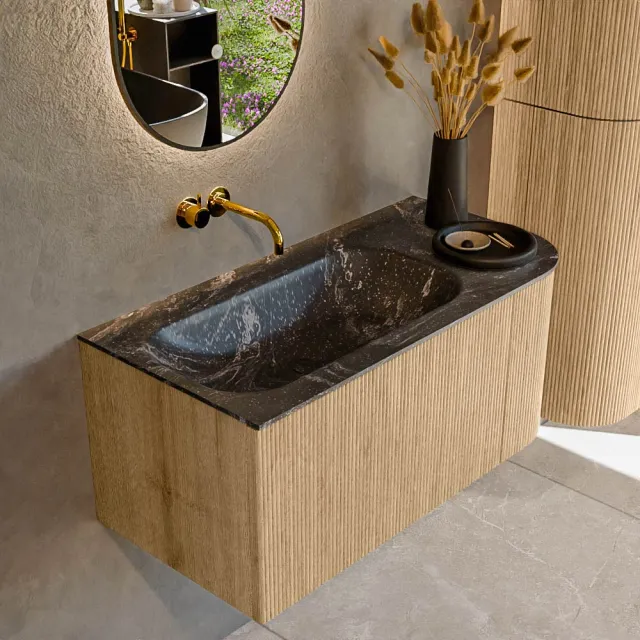 Mondiaz KURVE-DLUX 95 cm Onderkast Greeploos 1 Lade Met Deuren Oak, Wastafel Solid Surface Links Lava 0 Kraangaten Zonder Spiegel (KRVBGS95R1L1D0KL-Oak/Lav)