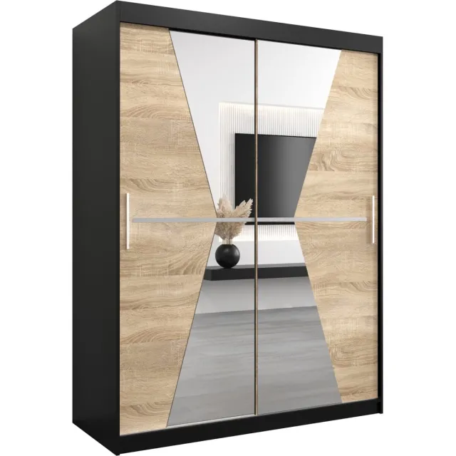 InspireME Kledingkast met 2 schuifdeuren, Modern-stijl, Een kledingkast met planken en een spiegel (BxHxD): 150x200x62 - TOTO 150 Zwart Mat + Sonoma Eik