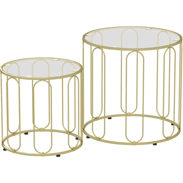 Homona Salontafelset - 2-delig met glazen blad en metalen frame - Ø50 x 50 cm en Ø40 x 40 cm - Goud