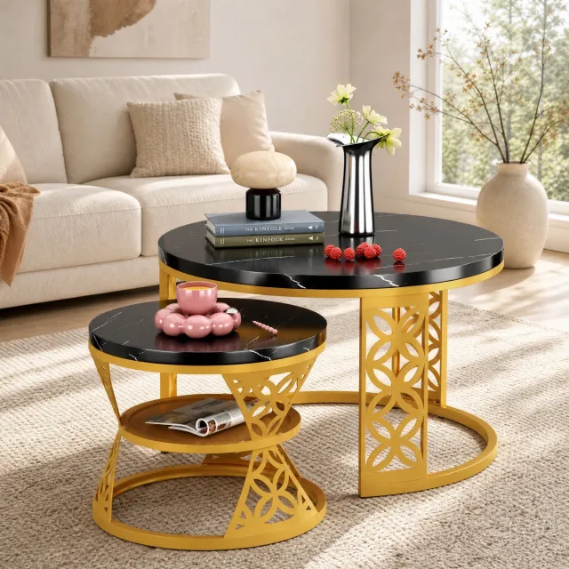 MIVRAY Hoogglans Salontafel Set Van 2 - Rond Marmerlook MDF Tafelblad - Goud Metaal Frame - Modern Stapelbaar - 70×70×45 & 45×45×37 Cm - Goud En Zwart