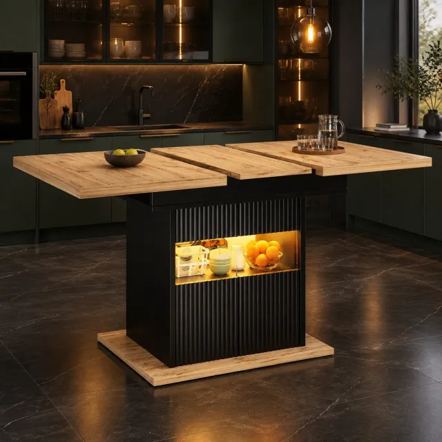 WUVRIE Uitschuifbare eettafel 110-140x80 cm - Opbergruimte met LED en verstelbare plank - Zwart