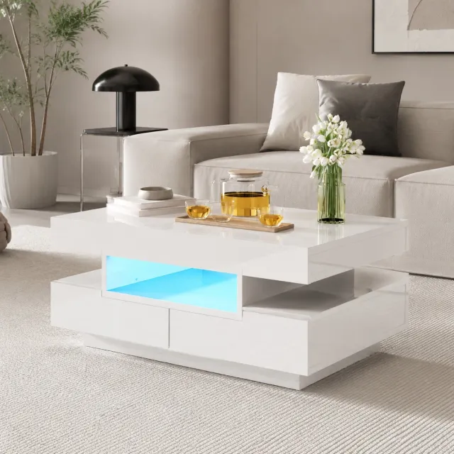 CHICFURN Salontafel 80 cm - LED-verlichting - 4 lades en 3 open vakken - woonkamer - spaanplaat - wit