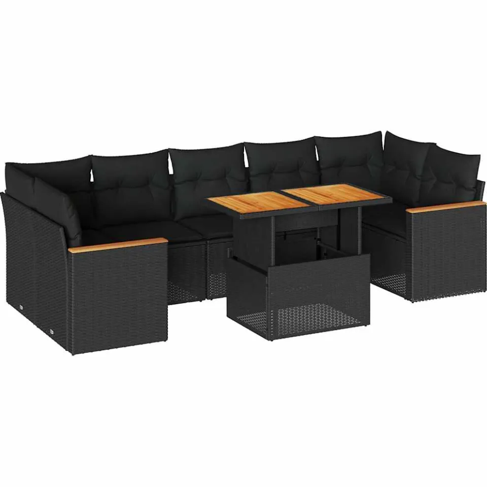 vidaXL 8-delige Loungeset met kussens poly rattan acacia zwart, foto 3
