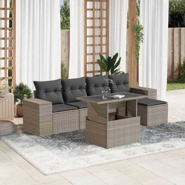 vidaXL 6-delige Loungeset met kussens poly rattan lichtgrijs grijs, foto 2