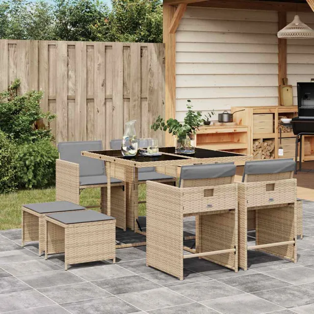 vidaXL 9-delige Tuinset met kussens poly rattan gemengd beige, foto 2