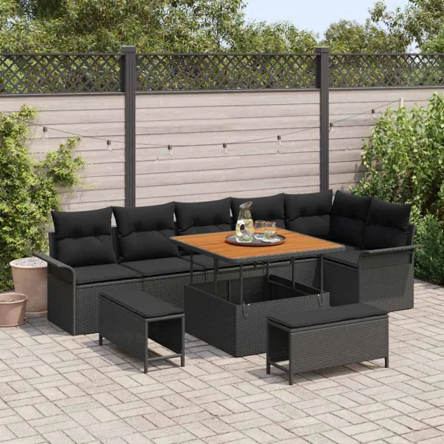 vidaXL Tuinbankenset 9 st Zwart poly rattan