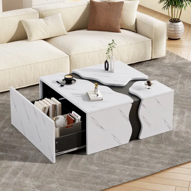 DESMIU Salontafel - Geometrisch Kubusdesign Met Lade - Voor Woonkamer En Kleine Ruimtes - Marmorlook Spaanplaat - 70 X 70 X 31 Cm - Wit