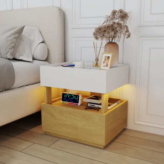 HAUSS SPOLE Bedtafel 50x40x50cm Met Twee Laden En Led Verlichting Draadloos Opladen Opbergtafel In Industrieel Design Voor Slaapkamer En Woonkamer Hout Wit Natuurlijk hout en wit
