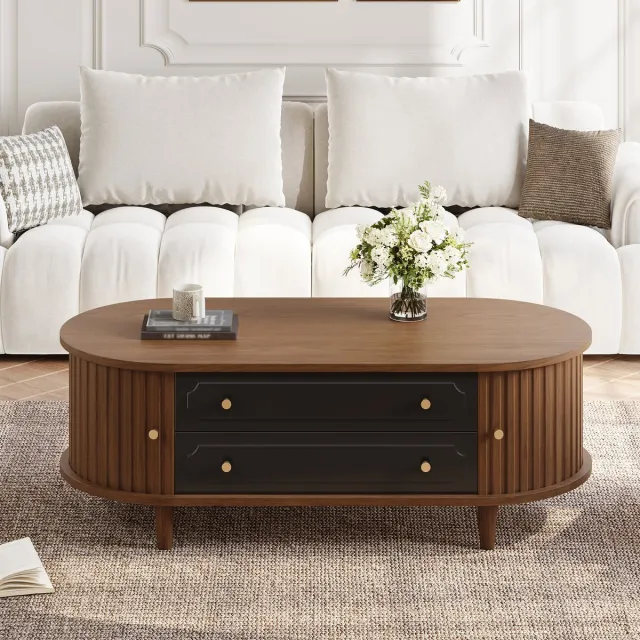 REDOM Salontafel - 2 Laden En Roldeur - Retro - Woonkamer - Spaanplaat - Walnootkleur En Zwart - 100 X 50 X 36 Cm Okkernoot