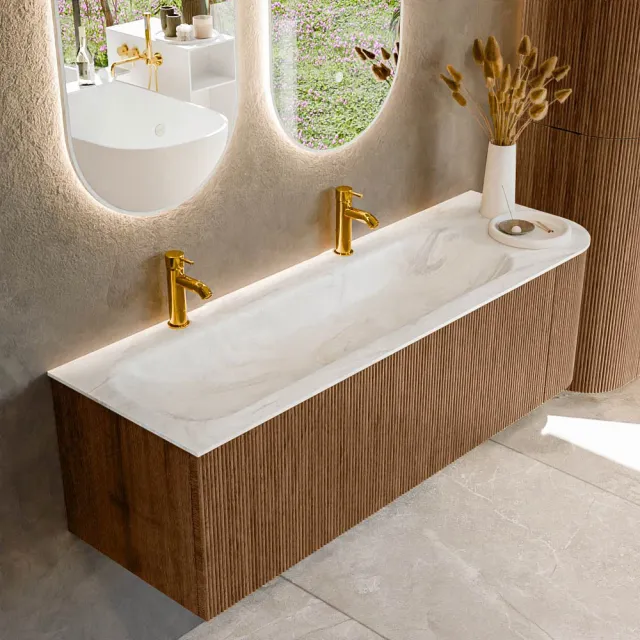 Mondiaz KURVE-DLUX 145 cm Onderkast Greeploos 1 Lade Met Deuren Walnut, Wastafel Solid Surface Links Ostra 2 Kraangaten Zonder Spiegel (KRVBGL145R1L1D2KL-Wal/Ost)