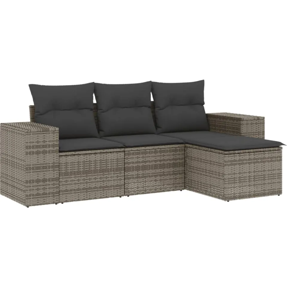 vidaXL 4-delige Loungeset met kussens poly rattan grijs, foto 3