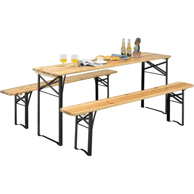 Costway 3-delige biertentgarnituur, picknicktafel met 2 zitbanken, campingtafelset met metalen frame, feesttentgarnituur voor terras, tuin, 178 x 46 x 76 cm Natuur