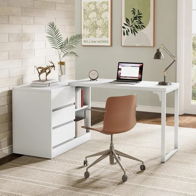 Tribesigns Bureau - L-Vormige Computer Bureau met Laden en Planken - Computerbureau - Omkeerbare Witte Hoek Bureau met Opbergkast - Bureautafel voor Thuiskantoor - 100 x 45 x 75 cm - Wit Tribesigns