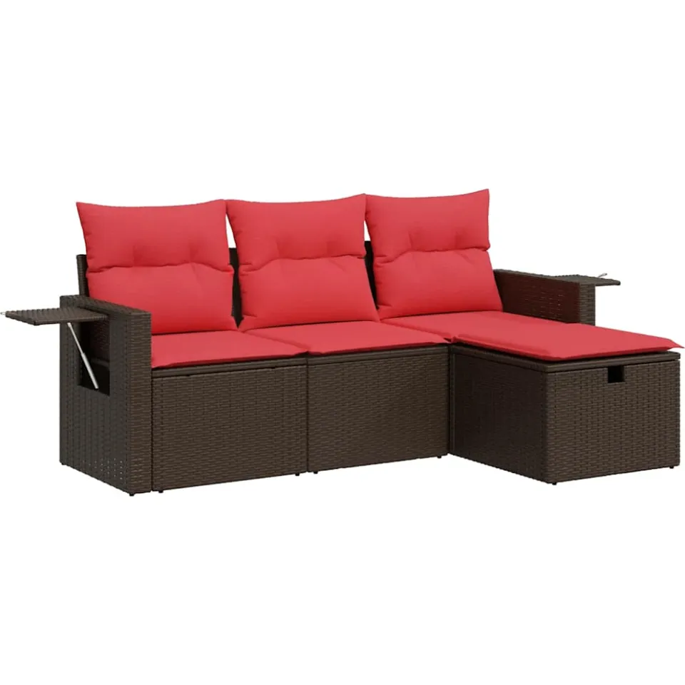 vidaXL 4-delige Loungeset met kussens poly rattan bruin, foto 3