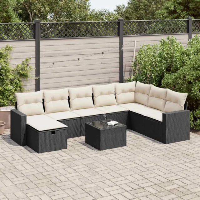 vidaXL 9-delige Loungeset met kussens poly rattan zwart, foto 2