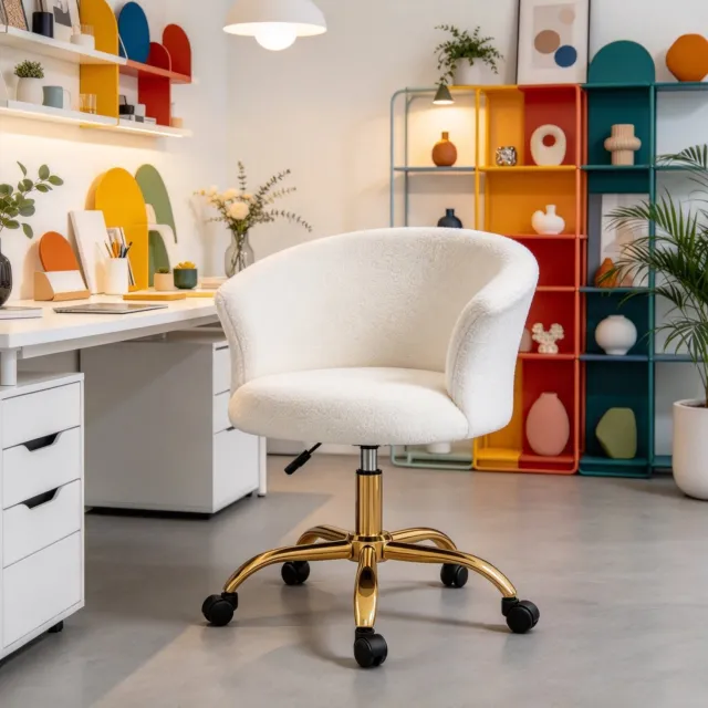 DESMIU Bureaustoel 58 x 56 x 68 tot 76 cm - Draaibaar en in Hoogte Verstelbaar - Voor het Kantoor - Teddystof en Staal - Wit en Goud