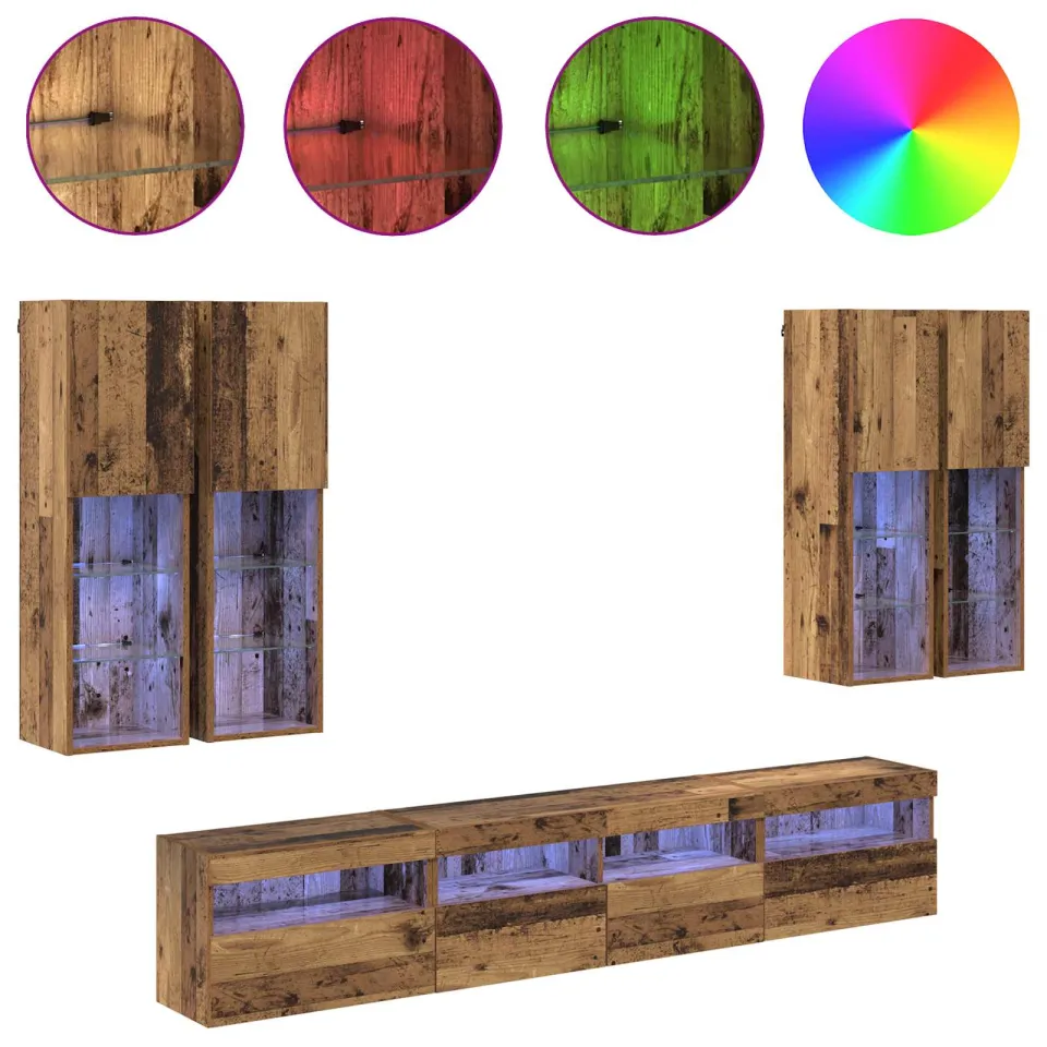vidaXL TV Wandkast Set met LED Lichten 7 st 100 x 30 x 40 cm Oudhout bruin, foto 3