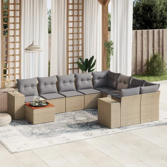 vidaXL 10-delige Loungeset met kussens poly rattan beige, foto 2