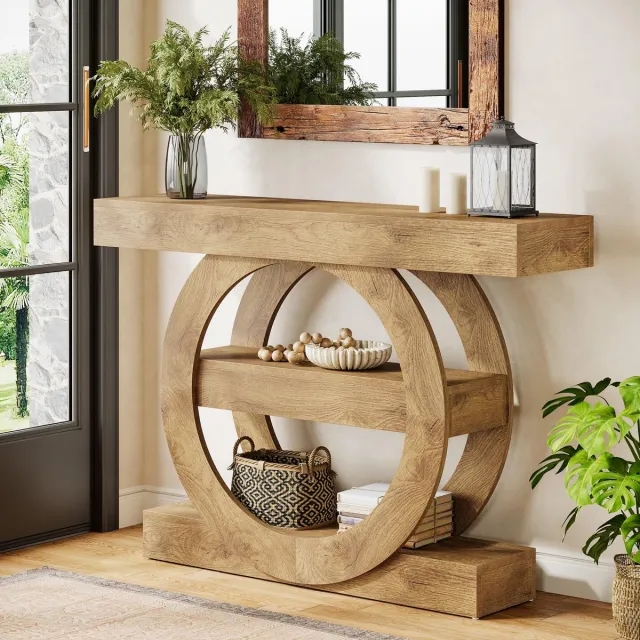 Little Trees LITTLE TREE Inlooptafel Met Opbergruimte -105 x 30 x 85 cm -3‑laags Consoletafel - Boerderijstijl - Houten Foyer Tafel -Voor Hal, Woonkamer En Achter De Bank -Lichtbruin
