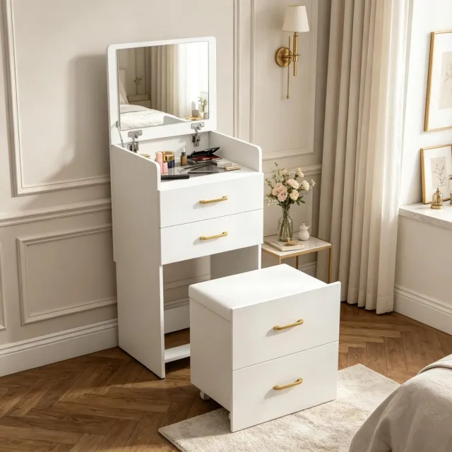 OKWISH Kaptafel - Opklapbare Spiegel en Glazen Tafelblad - Met Lades en Verrijdbare Kruk - Voor Slaapkamer - Wit MDF - 48 x 40 x 90 cm