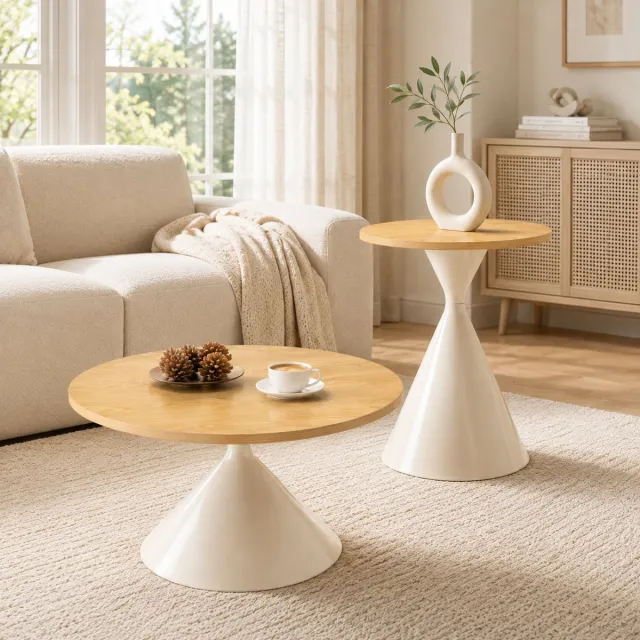 Ropilly Salontafel Set van 2 - Ronde Tafels met Houtlook - Ruimtebesparend Design - Woonkamer - Hout & Crème
