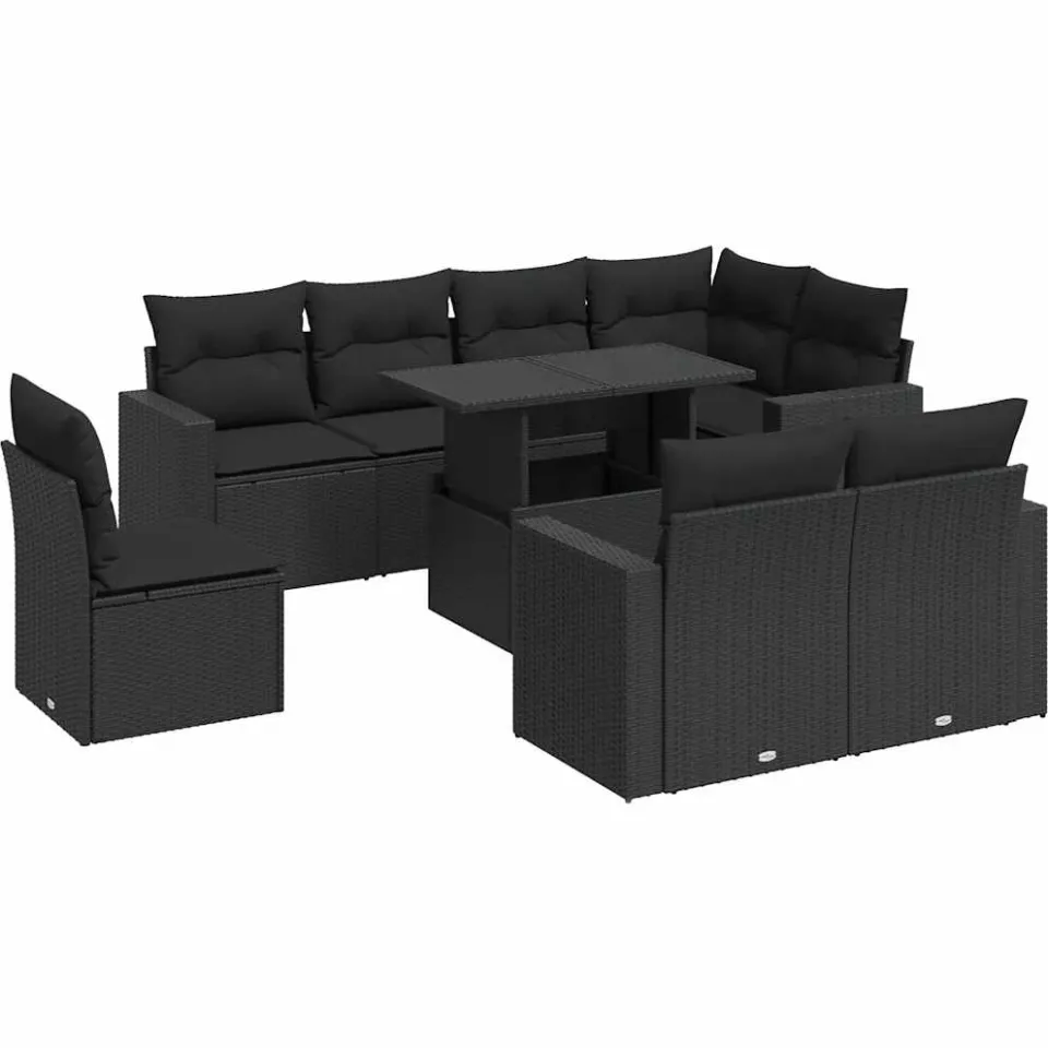 vidaXL 9-delige Loungeset met kussens poly rattan zwart, foto 3