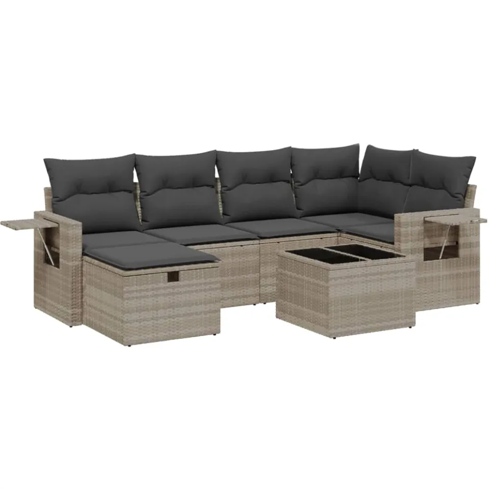 vidaXL 7-delige Loungeset met kussens poly rattan lichtgrijs grijs