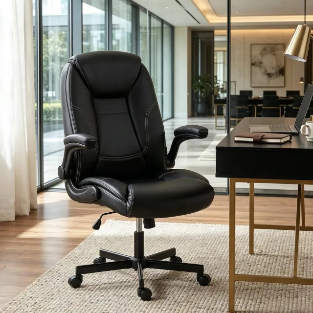 OKWISH Bureaustoel - Ergonomisch Hoog Model met Inklapbare Armleuningen - Verstelbaar en Kantelbaar Voor Thuiswerk - Kunstleer - Zwart