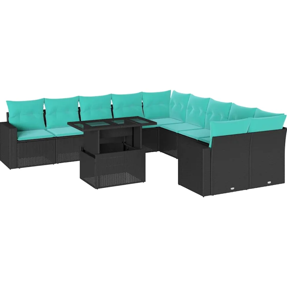 vidaXL 11-delige tuinbankset met kussens, zwart polyrotan