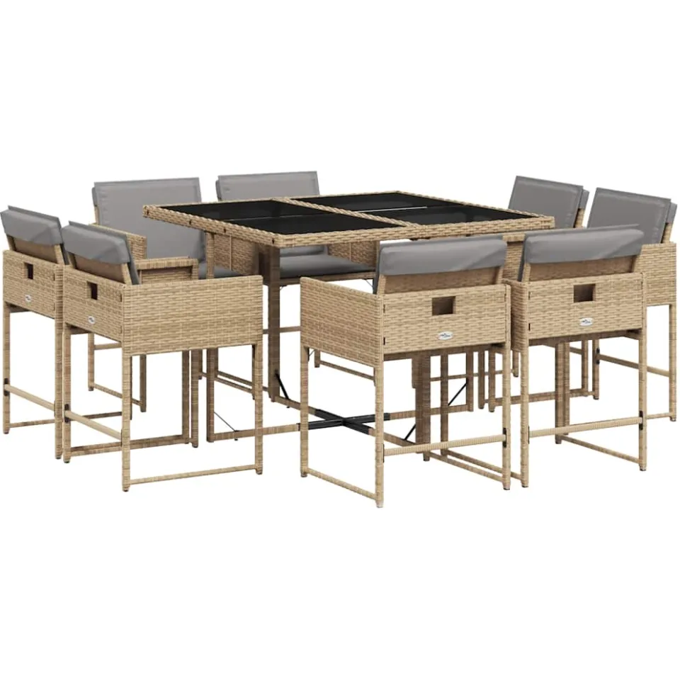 vidaXL 9-delige Tuinset met kussens poly rattan gemengd beige