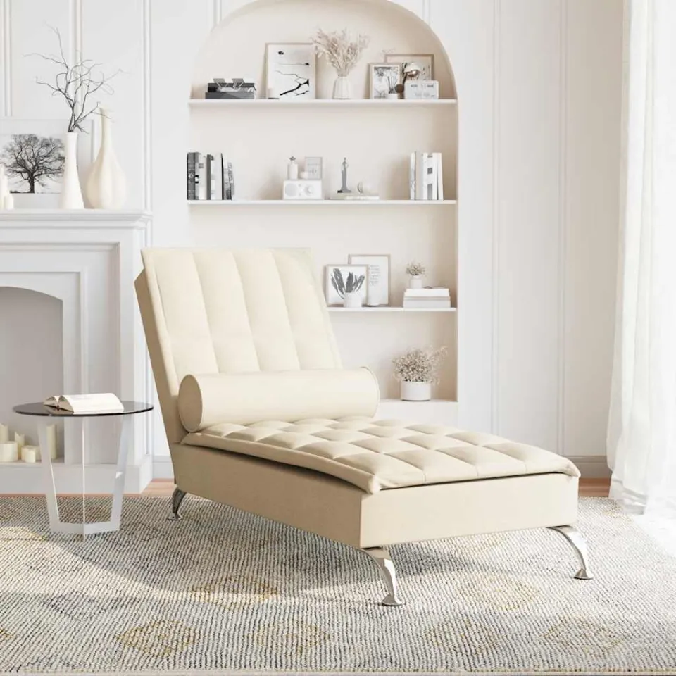 vidaXL Massage chaise longue met bolster stof crèmekleurig, foto 3