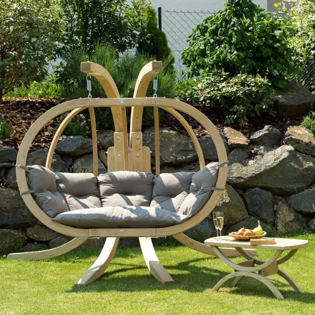 Amazonas Globo Chair Royal 2 persoons - Taupe gekleurde kussens + Luxe Houten Standaard