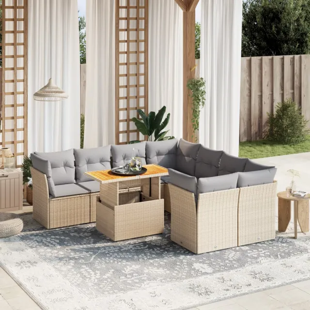 vidaXL 9-delige Loungeset met kussens poly rattan beige, foto 2