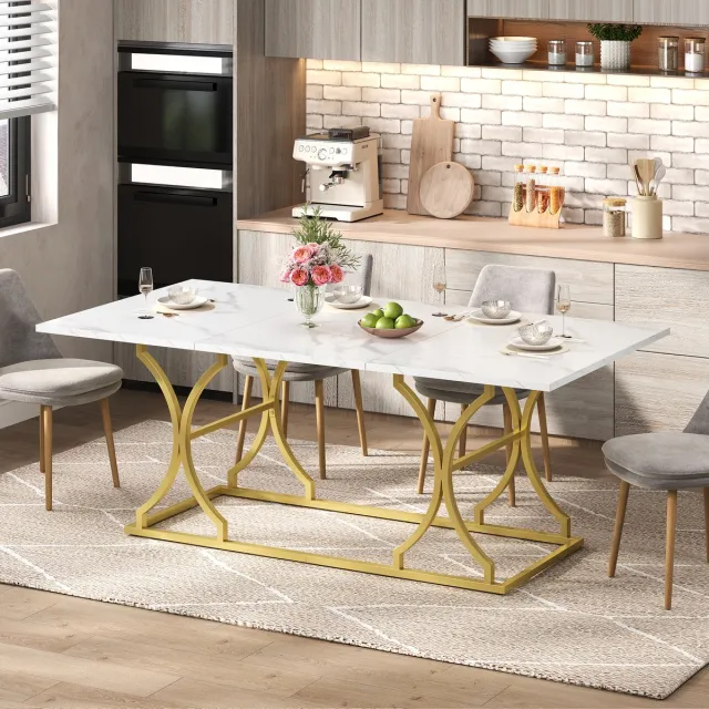 REDOM Eettafel 200x80x76 cm van MDF, marmerlook blad, gouden metalen poten, modern ontwerp, water- en krasbestendig Wit+Goud