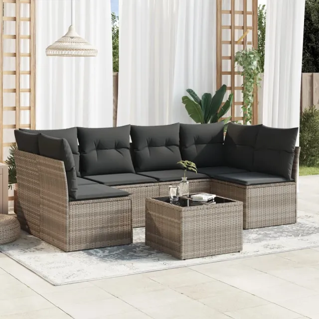 vidaXL 7-delige Loungeset met kussens poly rattan lichtgrijs grijs, foto 2