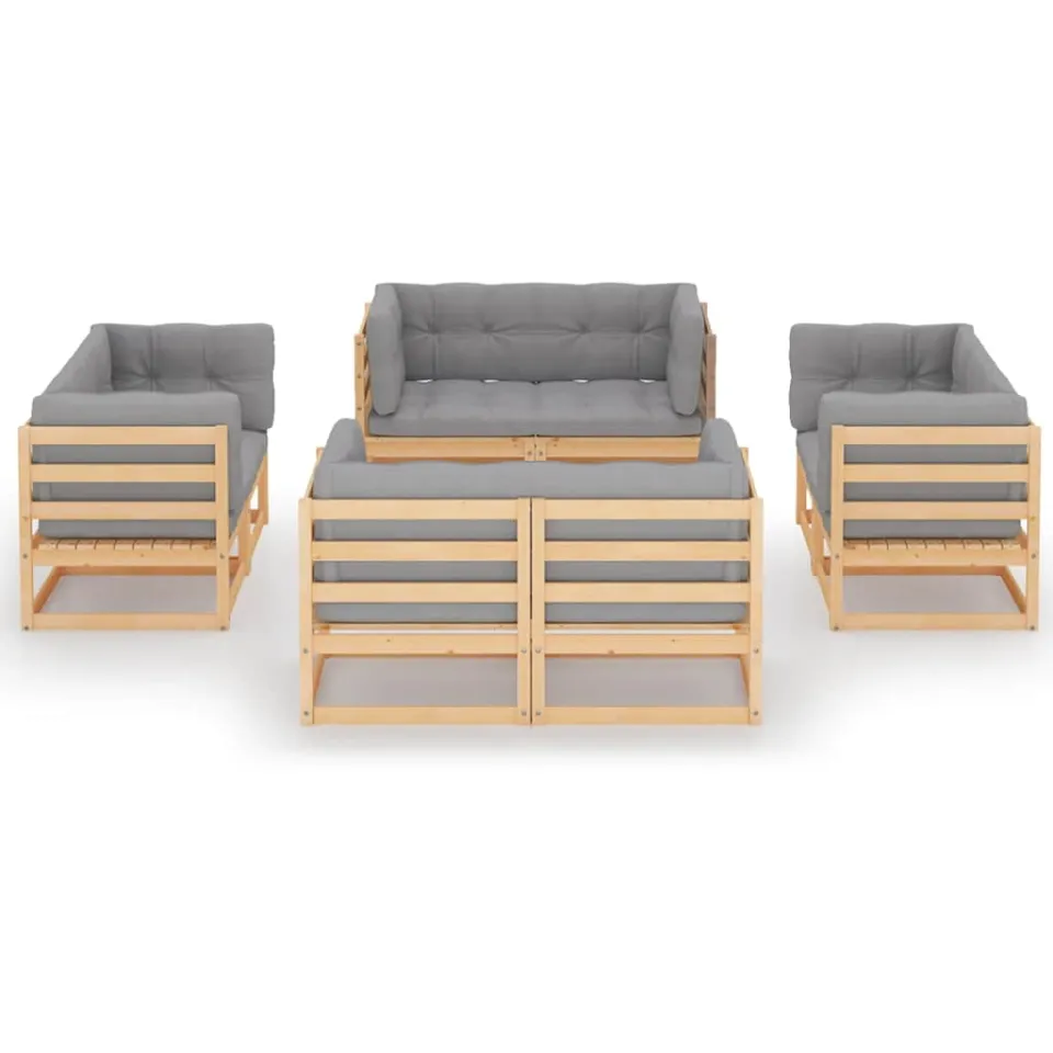 vidaXL 8-delige Loungeset met kussens massief grenenhout Grijs