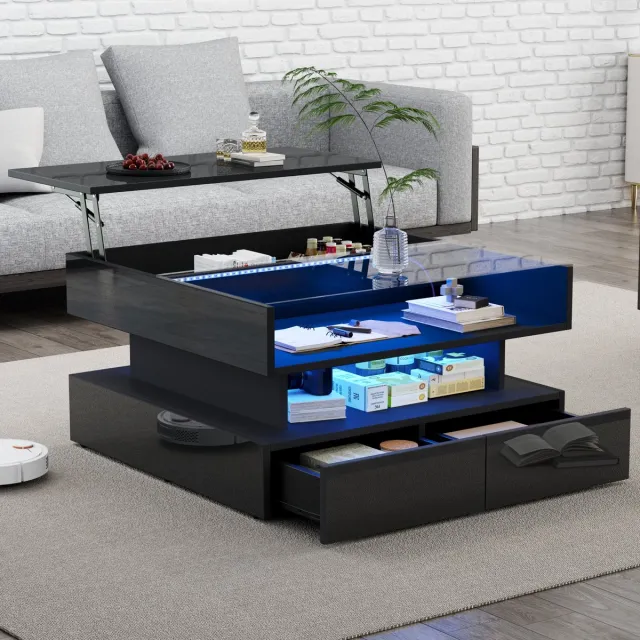 MIVRAY Salontafel - In Hoogte Verstelbaar Met Verborgen Opbergruimte En 2 Laden - Voor Woonkamer - Zwart - 80x80x45 Cm