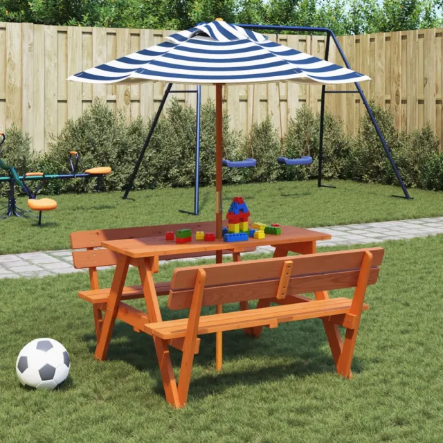 vidaXL Picknicktafel voor 4 kinderen met parasol massief vurenhout bruin, foto 2