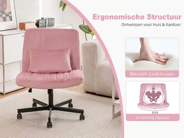 Ropilly Lichtroze bureaustoel zonder armleuningen - Voor comfortabel thuiswerken - In hoogte verstelbare stoffen draaistoel - Traagschuim zitting - Zachtroze Light Pink