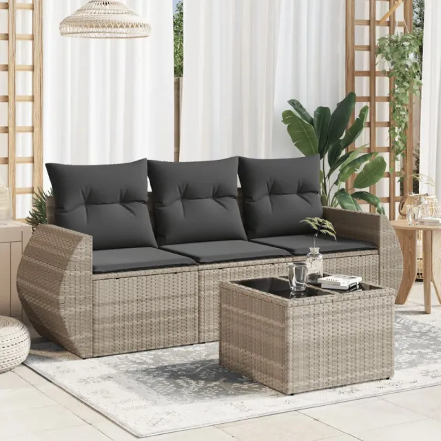 vidaXL 4-delige Loungeset met kussens poly rattan lichtgrijs grijs, foto 2